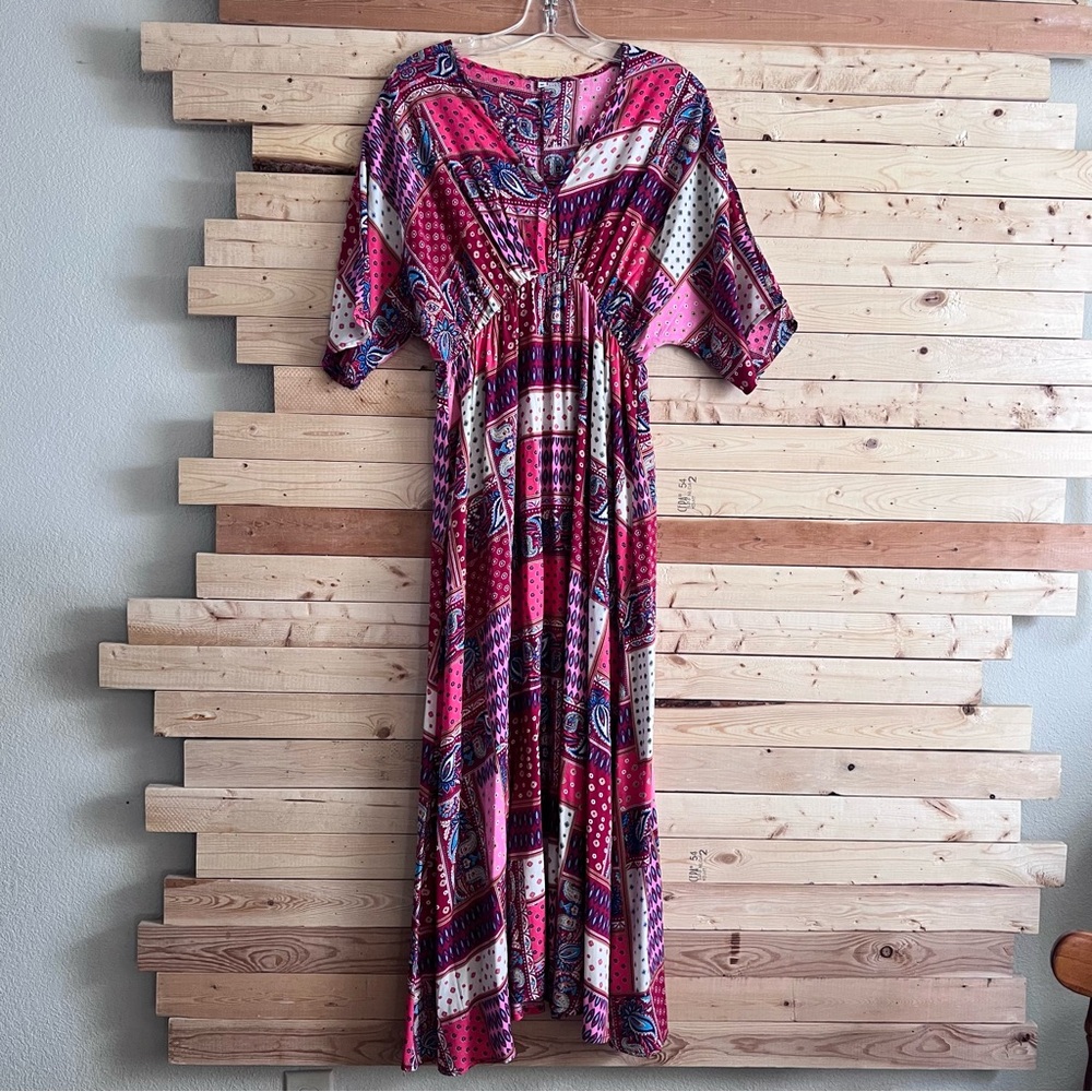 Patchwork Scarf Paisley Print Batwing Sleeve Vneck Boho Maxi Dress size M NWOT